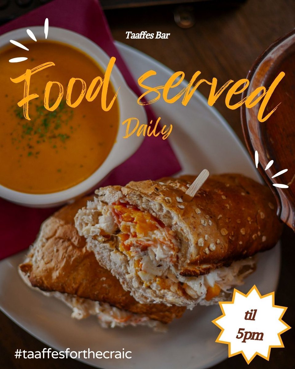 taaffesbar's tweet image. Soup, sambos, wraps and more 🥘
 Food served every day until 5pm 🕔 
 Great for soaking up the session or lining the stomach! 

#LunchSorted #TastyBites #taaffesforthecraic