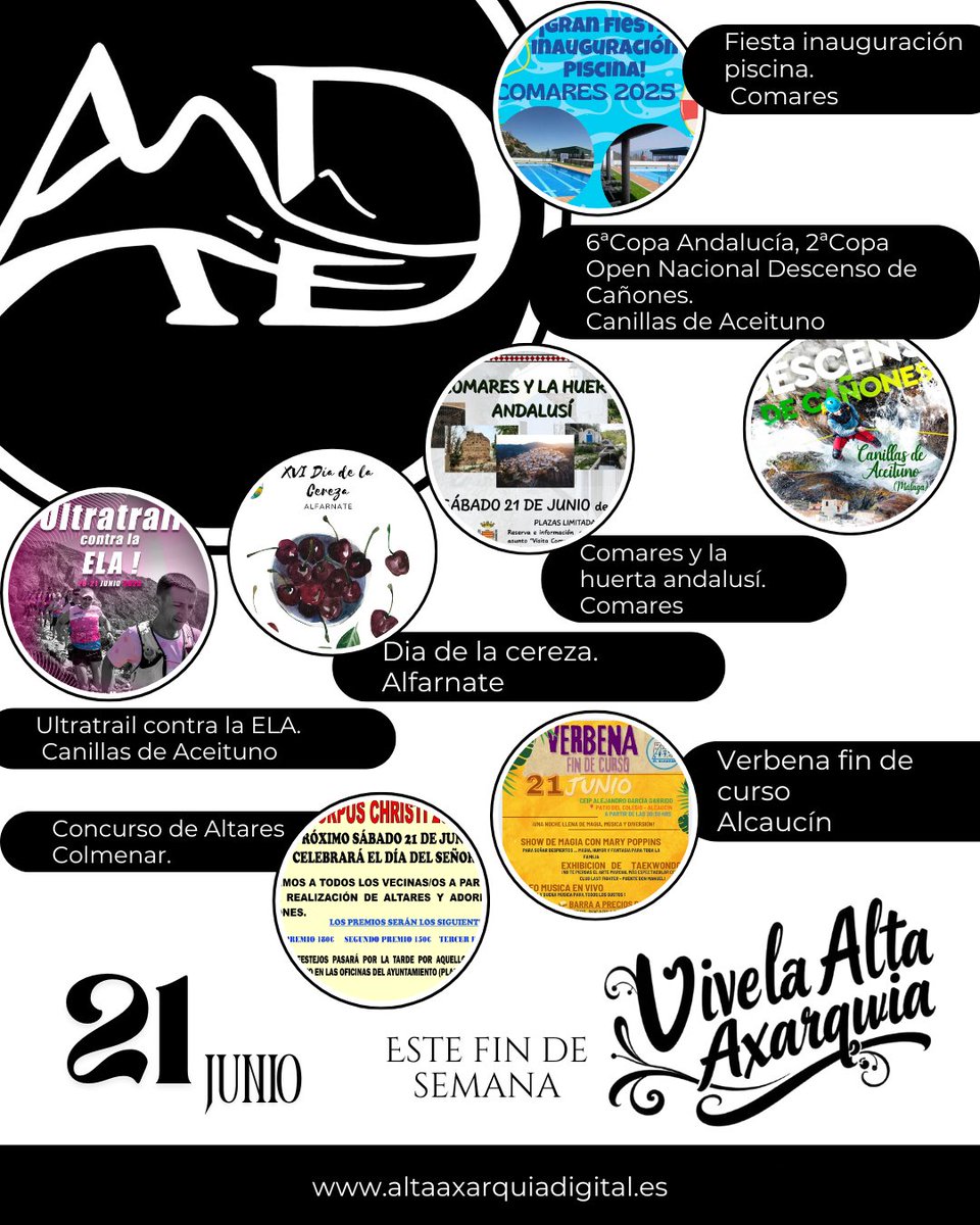 AltaAxarquiaDig's tweet photo. Este finde en https://t.co/m3FCVptwnR sabor, cultura y deporte:
Canillas: Ultratrail contra la ELA + Copa Cañones
Comares: Inauguración piscina + visita guiada
Alcaucín: Fin de curso
Alfarnate: Día de la Cereza
Colmenar/Periana: Altares Corpus
Periana: Teatro +Senderismo https://t.co/3LBppADaRp