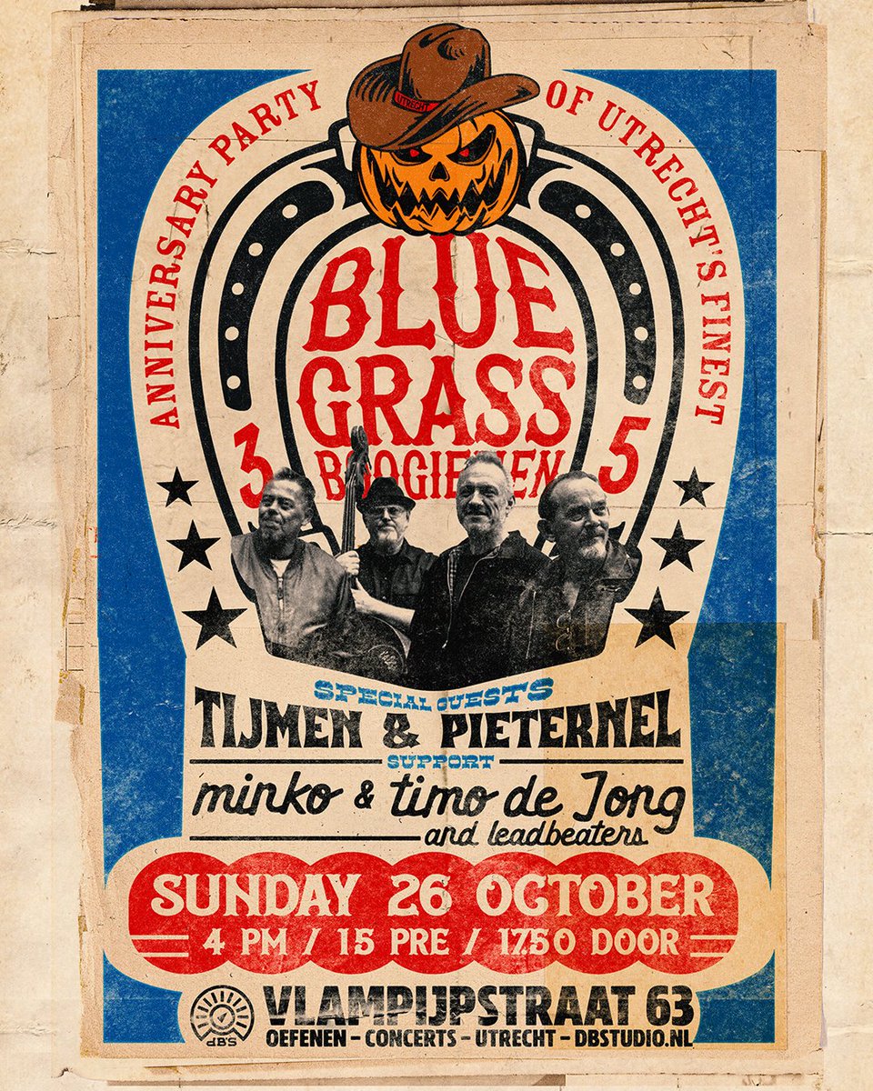 Hiep hiep hoera! De Blue Grass Boogiemen hebben wat te vieren. Al 35 jaar timmeren, hakken en zagen zij aan de weg. Dat moet natuurlijk gevierd worden. Om te beginnen doen zij dat op 26 oktober in het door hen zo geliefde dB’s in Utrecht. 
dbs.stager.co/web/tickets/11…