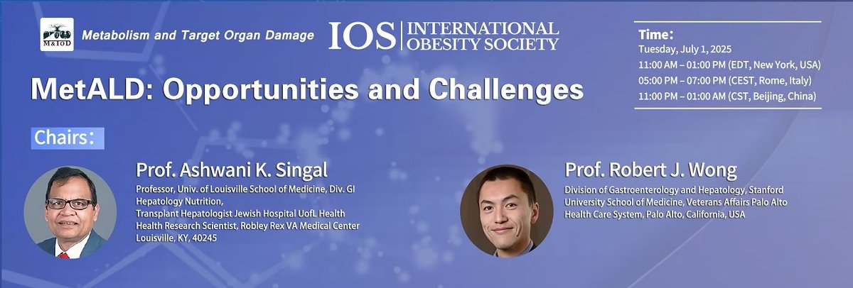 🎙️ Join us for a free webinar!
🗓️ Tuesday, July 1, 2025
🕚 11:00 AM – 01:00 PM (EDT, New York, USA)
🔬 Topic: #MetALD – Opportunities and Challenges
🪑 Chairs: Prof. Ashwani K. Singal &amp; Prof. Robert J. Wong
📌 Free registration now open: oaepublish.com/webreviewer/mt…
#Livertwitter