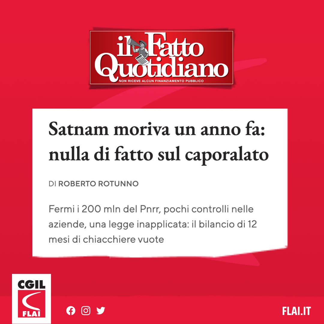 FLAI-CGIL (@flaicgil) on Twitter photo Sul <a href="/fattoquotidiano/">Il Fatto Quotidiano</a>, <a href="/robertorotunno/">Roberto Rotunno</a> fa il punto sulla lotta allo sfruttamento in agricoltura ad un anno dall'omicidio di Satnam Singh, riportando la voce del segretario generale <a href="/GiovanniMininni/">Giovanni</a> 👇
ilfattoquotidiano.it/in-edicola/art… Sul <a href="/fattoquotidiano/">Il Fatto Quotidiano</a>, <a href="/robertorotunno/">Roberto Rotunno</a> fa il punto sulla lotta allo sfruttamento in agricoltura ad un anno dall'omicidio di Satnam Singh, riportando la voce del segretario generale <a href="/GiovanniMininni/">Giovanni</a> 👇
ilfattoquotidiano.it/in-edicola/art…