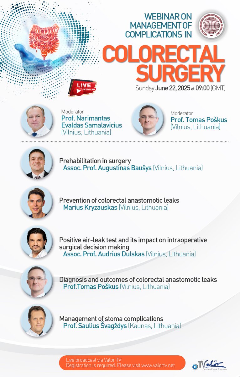 ISUCRS1's tweet image. 📢 Don’t miss the ISUCRS Webinar on Complications in Colorectal Surgery
📅 June 22, 2025 | 🕘 09:00 GMT
Experts from Lithuania share insights on anastomotic leaks, stoma care &amp;amp; more!
Register now: share.google/lvCgbodnUkJS69…
#ISUCRS #ColorectalSurgery #SurgicalEducation #MedTwitter