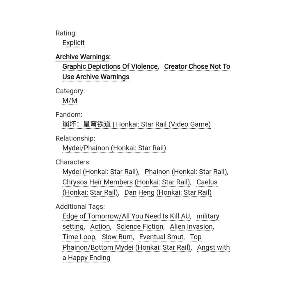 phaideissert's tweet image. see you tomorrow - #phaidei 🔞 1/9 chapters |  14k ☀🍷

`` edge of tomorrow / all you need is kill AU

`` military setting, scifi, phainon dies and loops back in time, repeated first meeting w/ mydei, slowburn, eventual smut, angst w/ a happy ending

🔗•archiveofourown.org/works/66681994…