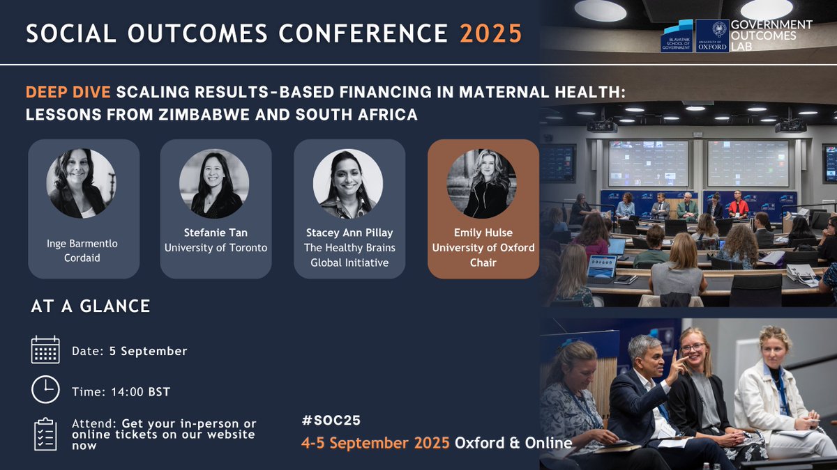 Government Outcomes Lab (@golaboxford) on Twitter photo 👶 Results-Based Financing in Maternal Health: Lessons from Zimbabwe & South Africa Deep Dive at #SOC25
Featuring experts from <a href="/Cordaid/">Cordaid</a> , <a href="/UofT/">University of Toronto</a>, <a href="/hbgi_global/">Healthy Brains Global Initiative (HBGI)</a> & <a href="/UniofOxford/">University of Oxford</a>, <a href="/BlavatnikSchool/">Blavatnik School of Government</a>
🎫 Book your tickets NOW: lnkd.in/dAqUXTcf
➡️Programme: lnkd.in/eDhetPNh 👶 Results-Based Financing in Maternal Health: Lessons from Zimbabwe & South Africa Deep Dive at #SOC25
Featuring experts from <a href="/Cordaid/">Cordaid</a> , <a href="/UofT/">University of Toronto</a>, <a href="/hbgi_global/">Healthy Brains Global Initiative (HBGI)</a> & <a href="/UniofOxford/">University of Oxford</a>, <a href="/BlavatnikSchool/">Blavatnik School of Government</a>
🎫 Book your tickets NOW: lnkd.in/dAqUXTcf
➡️Programme: lnkd.in/eDhetPNh