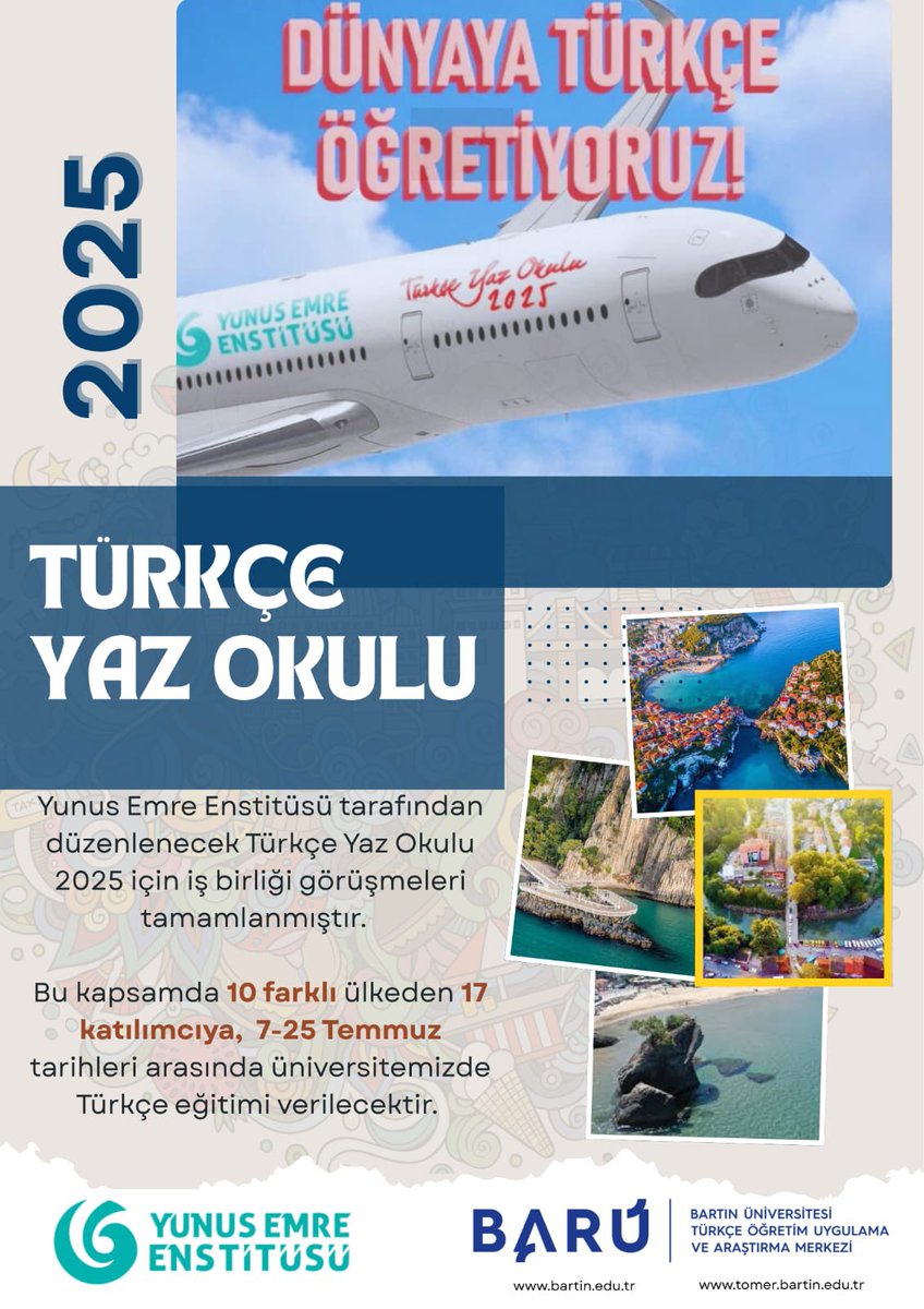 BARÜ-TÖMER (@tomerbartin) on Twitter photo 📣 2025 Türkçe Yaz Okulu için hazırlıklar tamam!
Yunus Emre Enstitüsü iş birliğiyle, 10 farklı ülkeden 17 katılımcı Bartın’da buluşuyor.
🗓️ 7-25 Temmuz tarihleri arasında kampüsümüz Türkçenin, dostluğun ve kültürel paylaşımın adresi olacak.🌍
<a href="/profdraakkaya/">Ahmet AKKAYA</a> <a href="/yeeorgtr/">Yunus Emre Enstitüsü</a> <a href="/baruedutr/">Bartın Üniversitesi</a> 📣 2025 Türkçe Yaz Okulu için hazırlıklar tamam!
Yunus Emre Enstitüsü iş birliğiyle, 10 farklı ülkeden 17 katılımcı Bartın’da buluşuyor.
🗓️ 7-25 Temmuz tarihleri arasında kampüsümüz Türkçenin, dostluğun ve kültürel paylaşımın adresi olacak.🌍
<a href="/profdraakkaya/">Ahmet AKKAYA</a> <a href="/yeeorgtr/">Yunus Emre Enstitüsü</a> <a href="/baruedutr/">Bartın Üniversitesi</a>