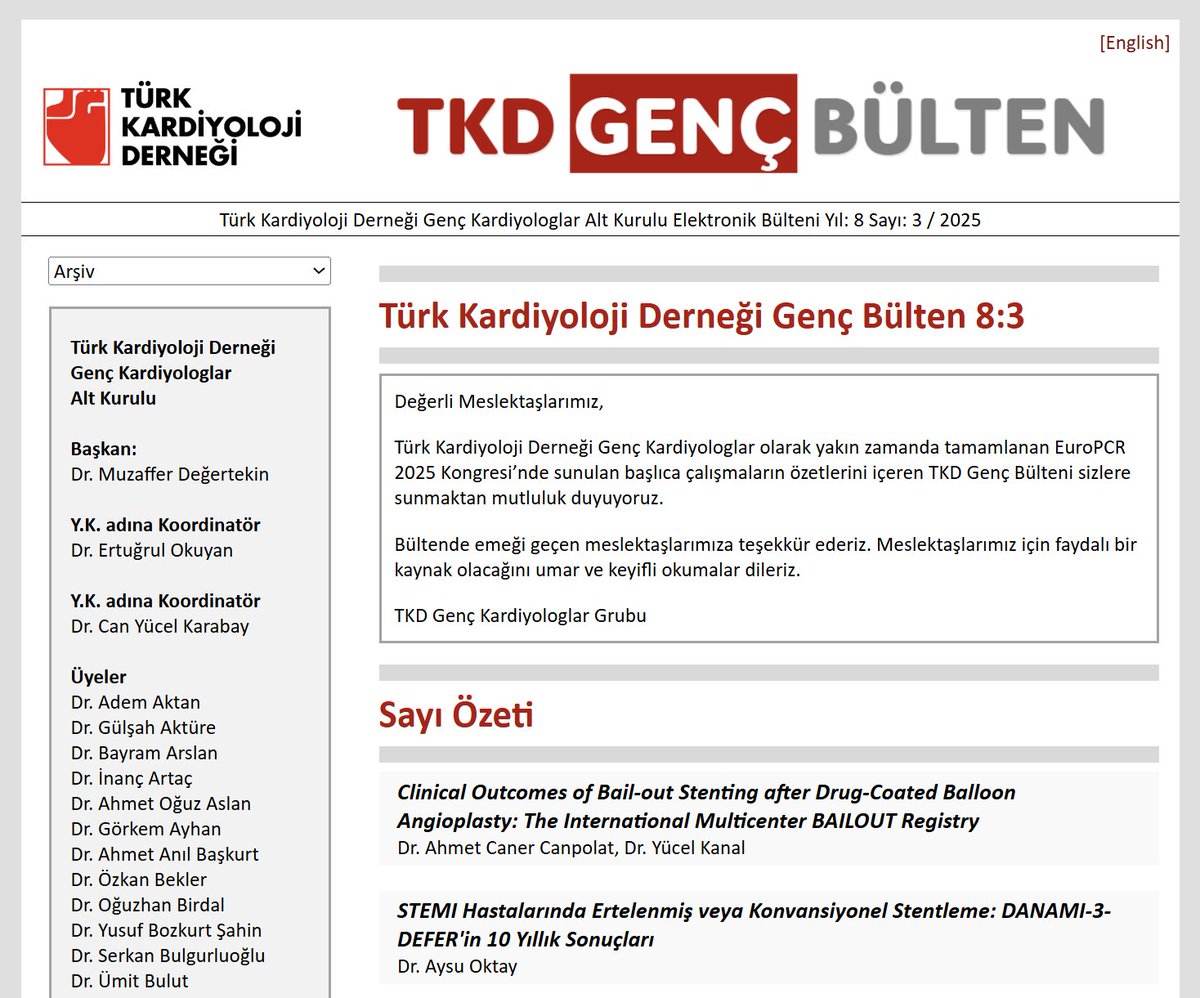 Türk Kardiyoloji Derneği Genç Kardiyologlar Alt Kurulu Elektronik Bülteni'nin 2025 yılı 3. sayısı yayınlanmıştır.

Bültene tkd.org.tr/tkdgenc/?sayi=… adresinden erişebilirsiniz.

#TürkKardiyolojiDerneği #TKD #TKDGenç