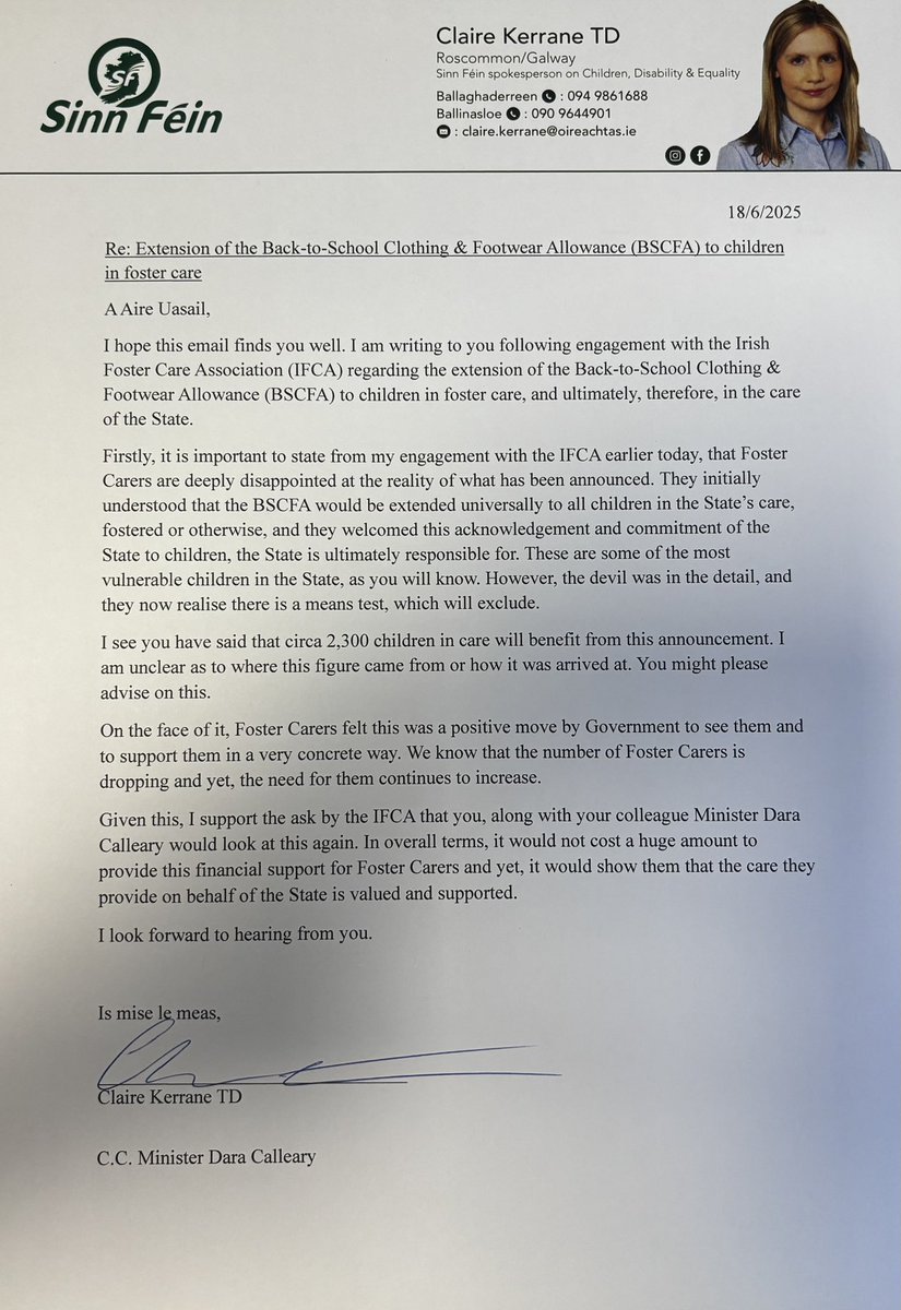 Claire Kerrane TD (@clairekerrane) on Twitter photo Having engaged with Corrinne in <a href="/IfcaInfo/">The Irish Foster Care Association</a> I have written to both Ministers Foley and Calleary on the announced extension of the BSCFA to Foster Carers. It appeared positive but the means test will lock many Foster Carers out. Government should review this urgently. Having engaged with Corrinne in <a href="/IfcaInfo/">The Irish Foster Care Association</a> I have written to both Ministers Foley and Calleary on the announced extension of the BSCFA to Foster Carers. It appeared positive but the means test will lock many Foster Carers out. Government should review this urgently.