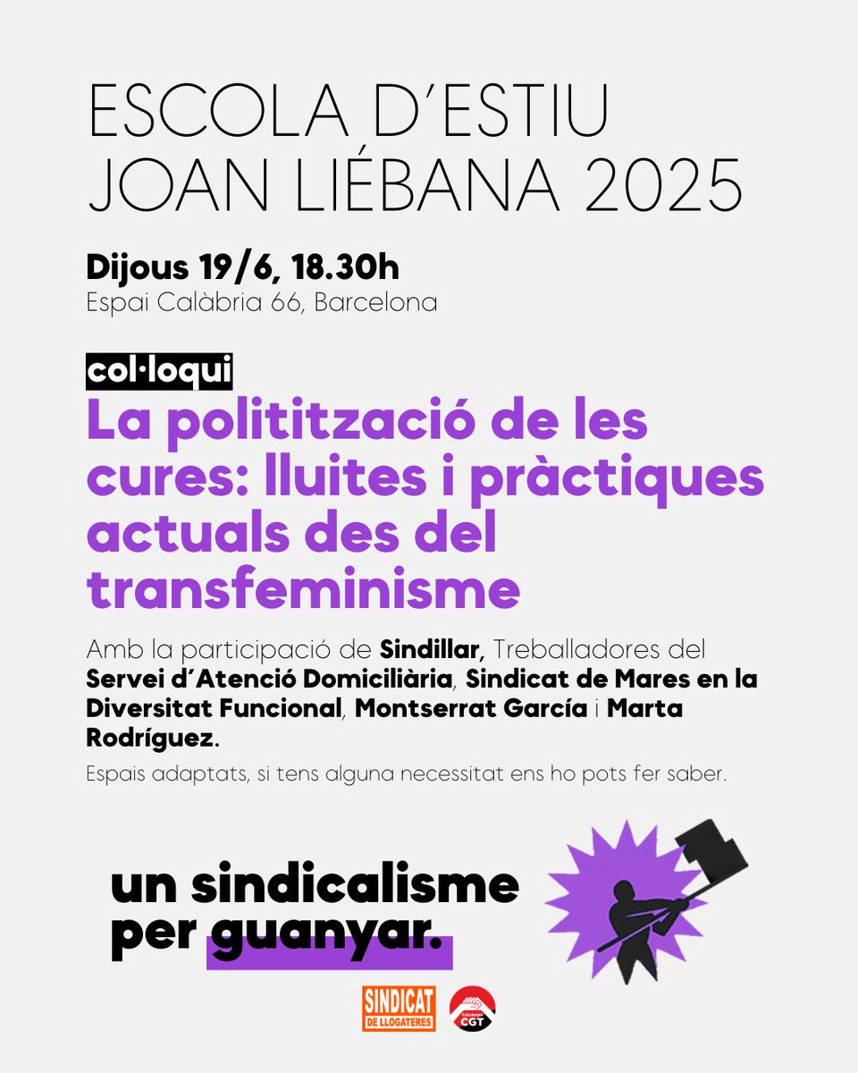 ⚫️AVUI seguim amb l'Escola d'Estiu Joan Liébana 

Col·loqui: La politització de les cures, lluites i pràctiques actuals des del transfeminisme

📅 dijous a les 18:30 
📌Calàbria 66, Barcelona