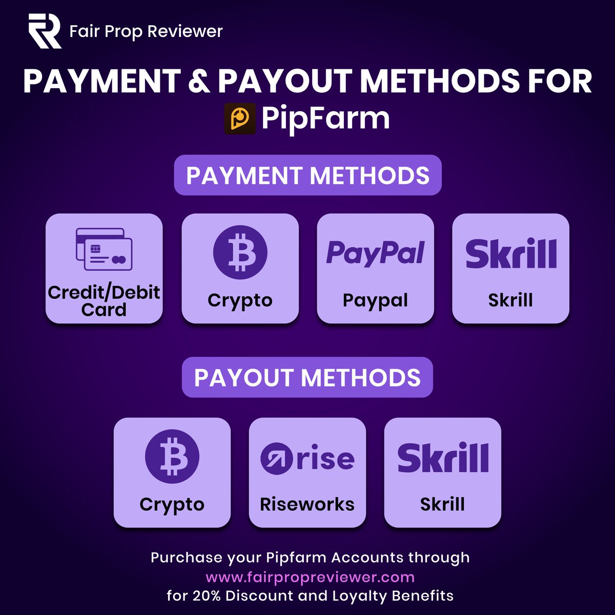Fair Prop Reviewer (@fairpropreview) on Twitter photo Payment & Payout Methods for <a href="/thepipfarm/">PipFarm | Funded Trader Firm</a>
Get your <a href="/thepipfarm/">PipFarm | Funded Trader Firm</a> accounts with ease through fairpropreviewer.com and enjoy 20% off your purchase!
#PipFarm #TradingSimplified #FastPayouts #FairPropReviewer #20PercentOff Payment & Payout Methods for <a href="/thepipfarm/">PipFarm | Funded Trader Firm</a>
Get your <a href="/thepipfarm/">PipFarm | Funded Trader Firm</a> accounts with ease through fairpropreviewer.com and enjoy 20% off your purchase!
#PipFarm #TradingSimplified #FastPayouts #FairPropReviewer #20PercentOff