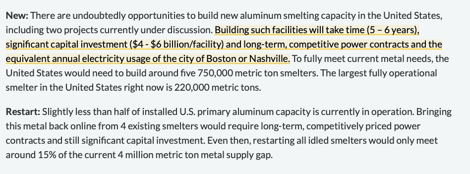 If you're interested in what it would take for America to to build up/rebuild US aluminum production, there's a great recent report from @aluminumnews. In short, even on a best case scenario, these plants won't be in place until years after Trump's term ends...