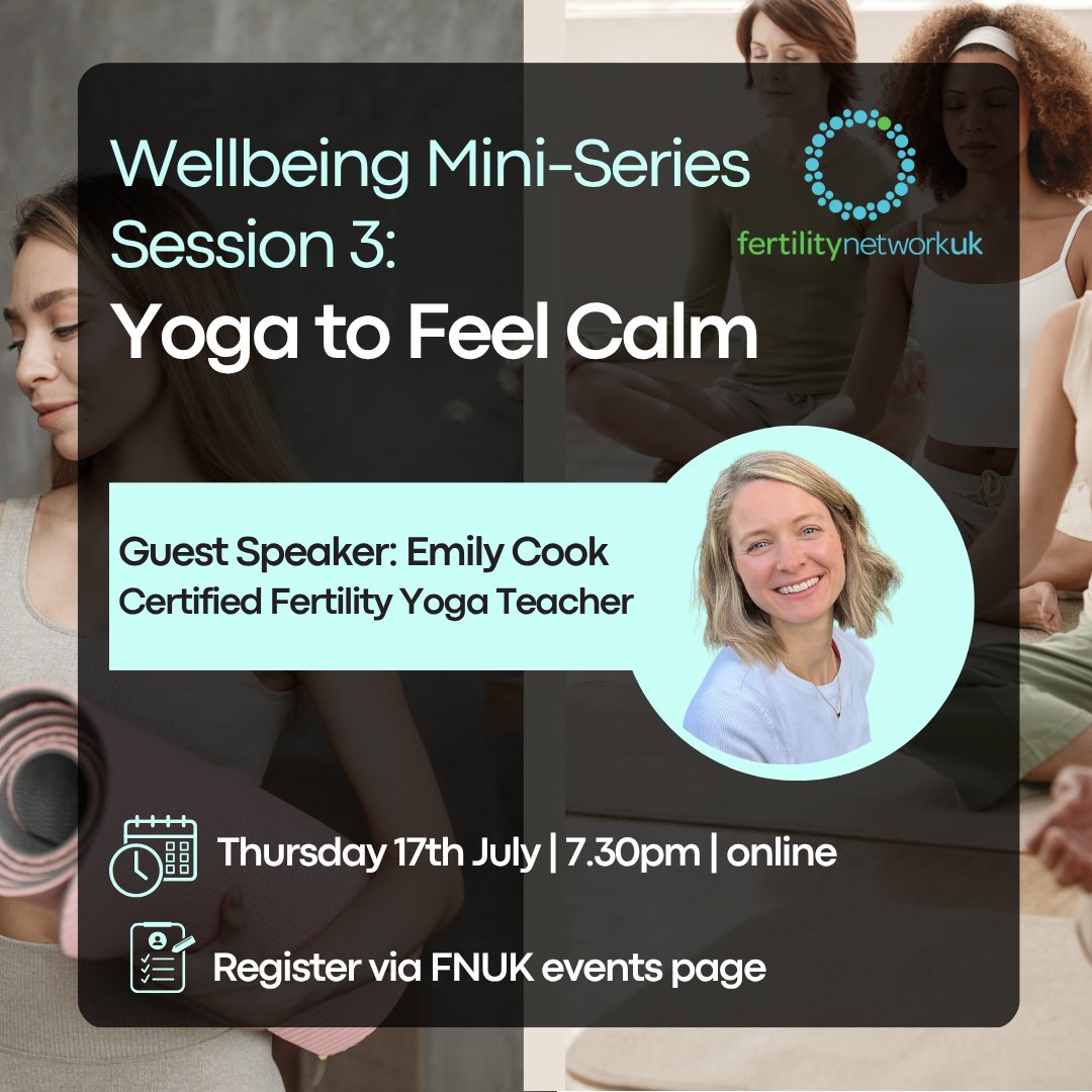 ✨TOMORROW✨

🧘‍♀️ Wellbeing Mini-Series: Yoga to Feel Calm
🗓️ Thurs 17 July, 7.30pm
Join Emily Cook for a gentle fertility yoga session to slow down, reduce stress &amp; boost circulation.
🎟️ Register: fertilitynetworkuk.org/events/wellbei…
#TTC #FertilityYoga #FertilitySupport