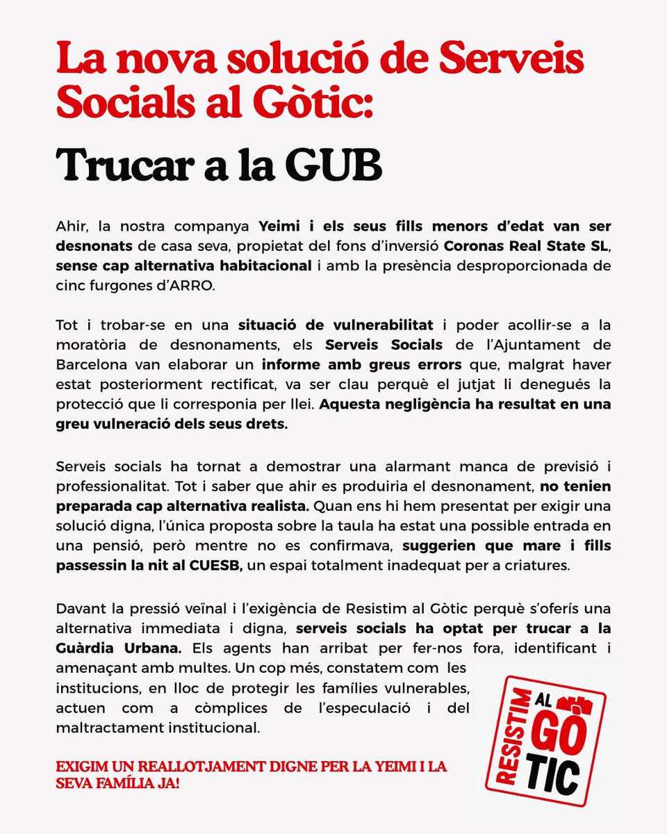 resistimalgotic's tweet image. 🔴Després del desnonament d’ahir de la nostra companya Yeimi i els seus fills, denunciem les males pràctiques de Serveis Socials de @barcelona_cat
➡️Exigim una solució habitacional digne per la nostra companya!