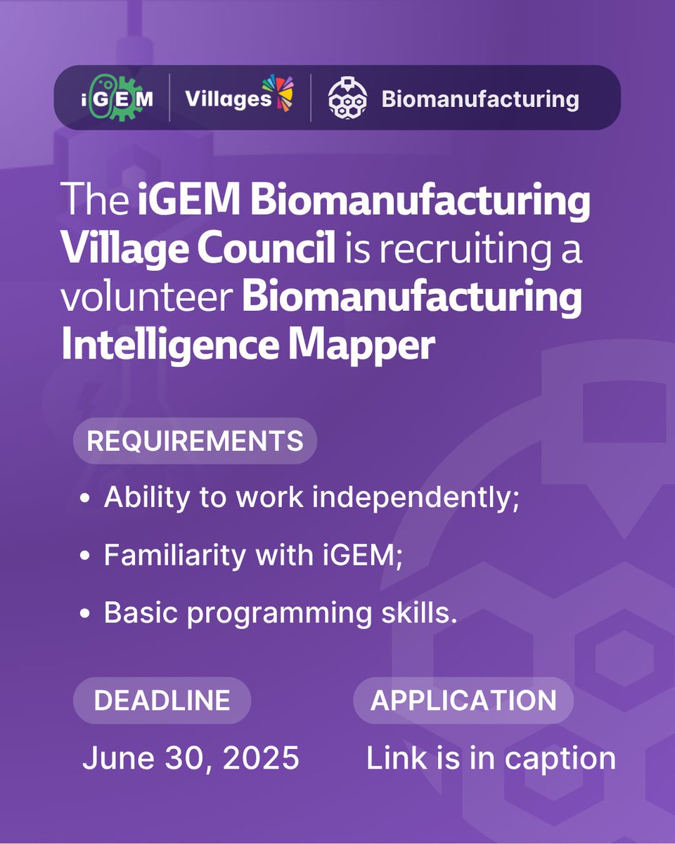 iGEMCommunity's tweet image. From biomaterials to medicine, iGEM teams are shaping biomanufacturing’s future. The iGEM Biomanufacturing Village will now map these efforts to highlight their value for the synbio community.
Join the Village Council:
forms.gle/iv2q55H1kTi8cE…