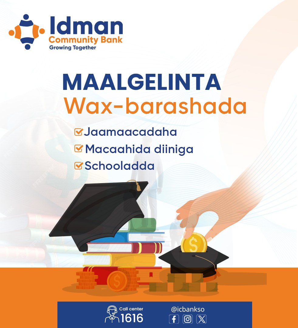 ICBankSo's tweet photo. Idman Community Bank isaga oo ka duulaya muhiimadda ay leedahay kor u qaadista waxbarashada dalka, ayaa bilaabay adeeg maalgelineed gaar ah oo lagu taageerayo bahda waxbarashada.

Bangigu wuxuu taageero maaliyadeed siinayaa:
📷 Jaamacadaha
📷 Schooladda
📷 Macaahidda diinta
📷 Iyo xarumaha kale ee waxbarasho

Haddii aad dooneyso inaad ka faa’iideyso adeeggan, booqo xarunta bangiga ee kuugu dhow ama kala xiriir lambarka gaaban ee 1616.
#Maalgelintawaxbarashada #GrowingTogether #icbankso

See less