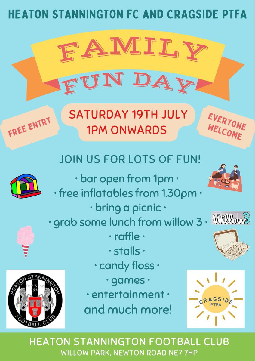 FAMILY FUN DAY

Join us at The Willow Park on Saturday 19th July for our Family Fun Day with Cragside PTFA!

There’s loads to do, it’s welcome to everyone and entry is absolutely free!