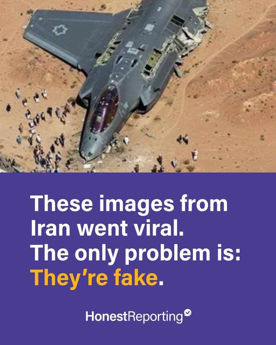 HonestReporting's tweet photo. Iran couldn’t down an F-35, so it conjured one with AI. A “destroyed jet,” a “leveled airport,” even a Star Wars Star Destroyer hidden under Tel Aviv—all fabricated and pushed out as proof of victory. ⬇️ https://t.co/lmR76QPyGA