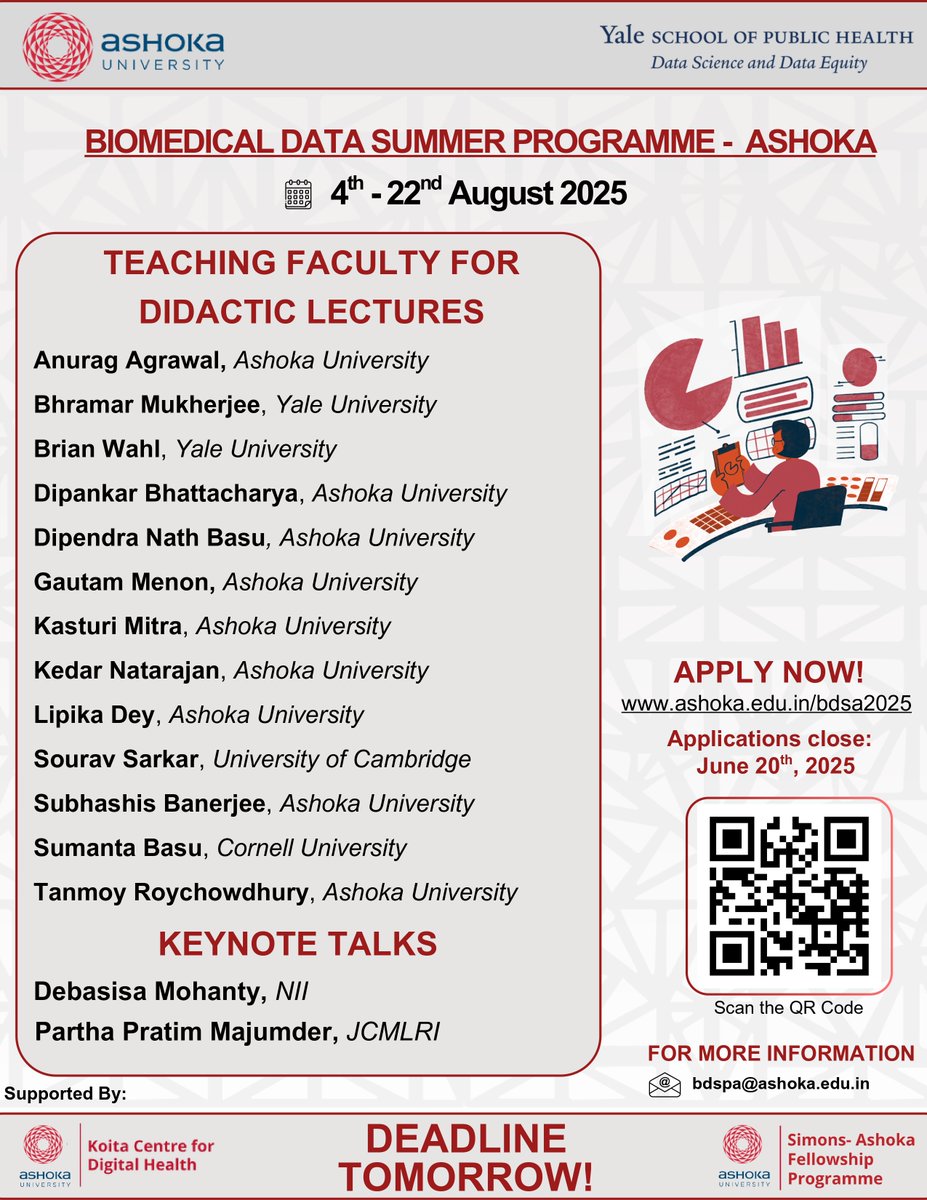 KCDH_A's tweet image. Deadline Tomorrow!!
Hurry up and grab the chance to be part of the BIOMEDICAL DATA SUMMER PROGRAMME at @AshokaUniv
Visit ashoka.edu.in/bdsa2025 to learn more and apply
#biomedical #bigdata #digitalhealth #medicalscience #datascience
