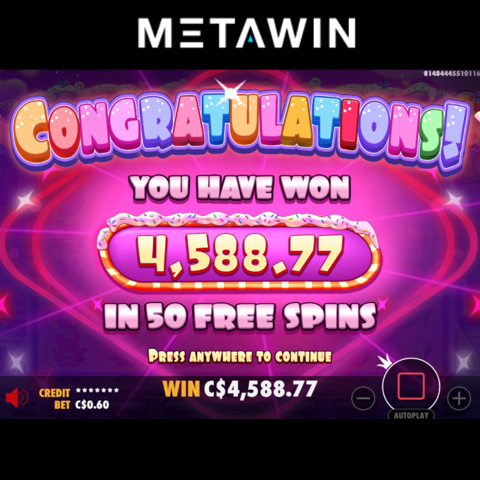 MetaWin's tweet photo. LFG! MetaWinner ‘polygonal’ just won $4,588 from a $0.60 playing Sugar Rush 1000! 🍭

THAT'S A 7,647x MULTIPLIER! 🚀🚀🚀 https://t.co/BFwLZbhGNr