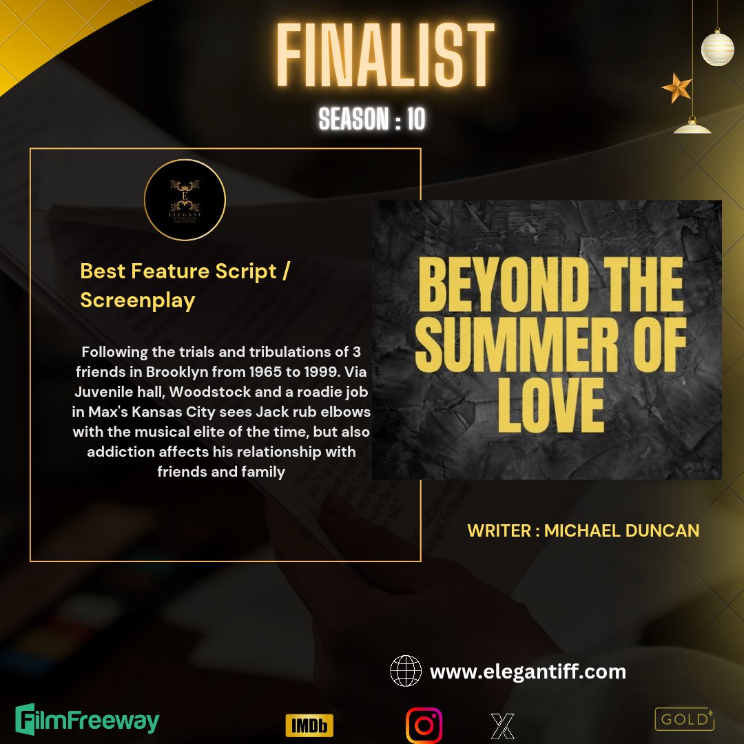 elegantiff's tweet image. Big congrats on reaching the finals! Your dedication truly shines through. Thanks for your exceptional project submission—it's an honor to have your talent on board.

 #Finalist #BestFeatureScript #Screenplay