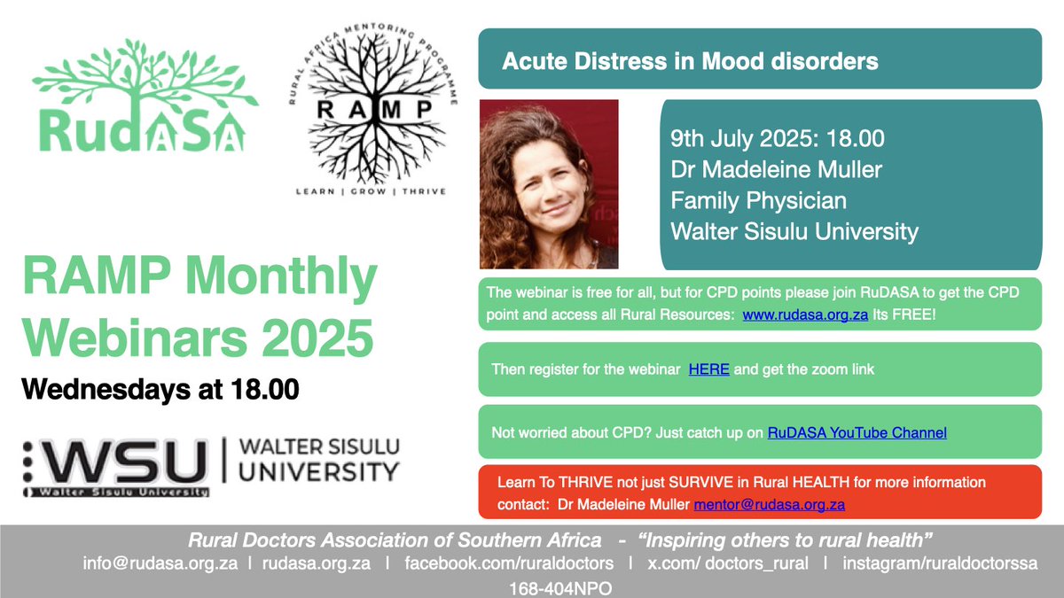 RAMP Monthly webinar 9th Jul 18.00 
This webinar will take a family physician approach to patients with Major Depressive Disorder or Bipolar Disorder,  with significant mood changes that may require admission to a district hospital.  
#RuDASA #RAMP2025 #ruraldoctors #mentalhealth