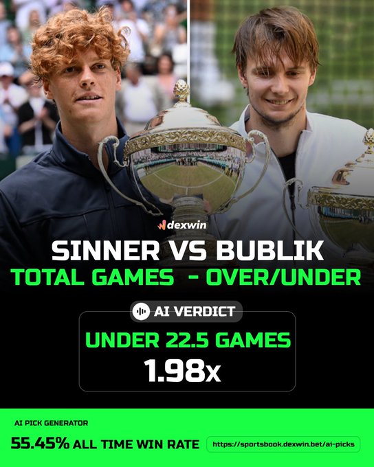 ATP Halle 🇩🇪 Tennis Betting Predictions, Tennis Betting Lines & Tennis Betting Odds Today 

✅ JANNIK SINNER vs ALEXANDER BUBLIK ✅ 

Follow @DexWin_Sports for the best Tennis betting odds, Tennis betting picks and Tennis predictions today 🎾