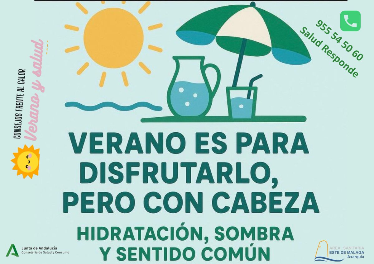 SaludAxarquía (@saludaxarquia) on Twitter photo La campaña #verano2025 #VeranoConCabeza prosigue su "ruta", en este caso, mañana viernes 20 de junio, las enfermeras familiar y comunitaria de los centros de salud de #VélezNorte y #VélezSur promueven el taller "efectos del calor en la salud"
<a href="/EASPsalud/">Escuela Andaluza SP</a>
<a href="/VidaSaludAnd/">Promoción de Vida Saludable en Andalucía</a>
<a href="/saludand/">Consejería de Salud y Consumo</a> La campaña #verano2025 #VeranoConCabeza prosigue su "ruta", en este caso, mañana viernes 20 de junio, las enfermeras familiar y comunitaria de los centros de salud de #VélezNorte y #VélezSur promueven el taller "efectos del calor en la salud"
<a href="/EASPsalud/">Escuela Andaluza SP</a>
<a href="/VidaSaludAnd/">Promoción de Vida Saludable en Andalucía</a>
<a href="/saludand/">Consejería de Salud y Consumo</a>
