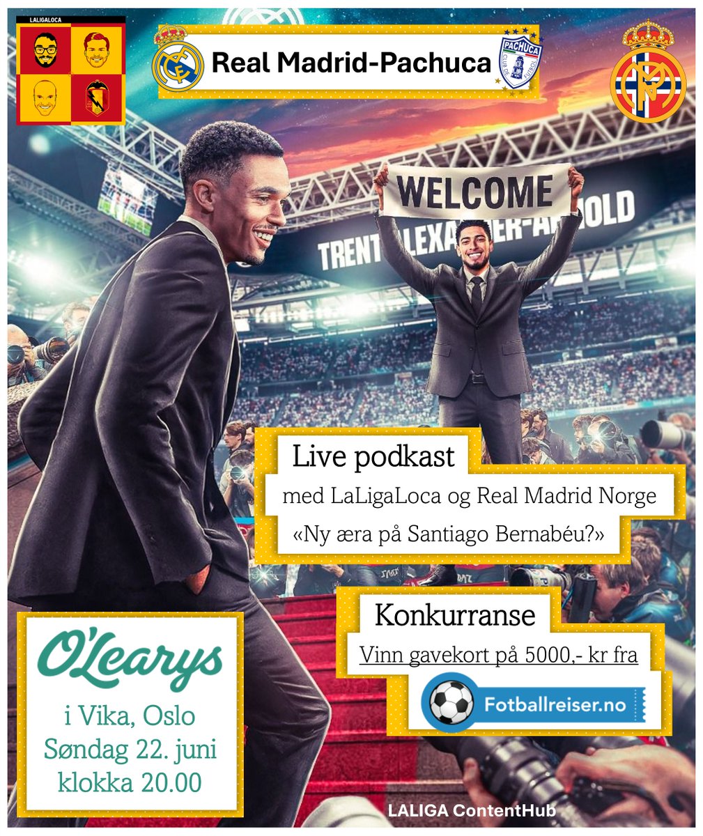 LaLigaLoca (@laligaloca) on Twitter photo Vi live-podder på O'Learys i Vika kommende søndag også, vi. Vi må snakke litt om "Nye Real Madrid" sammen med <a href="/RealMadridNorge/">Real Madrid Norge</a>.
Og så peiser vi på med ny konkurranse der Fotballreiser.no deler ut gavekort på 5000,- til vinneren. Vel møtt, godtfolk! Vi live-podder på O'Learys i Vika kommende søndag også, vi. Vi må snakke litt om "Nye Real Madrid" sammen med <a href="/RealMadridNorge/">Real Madrid Norge</a>.
Og så peiser vi på med ny konkurranse der Fotballreiser.no deler ut gavekort på 5000,- til vinneren. Vel møtt, godtfolk!