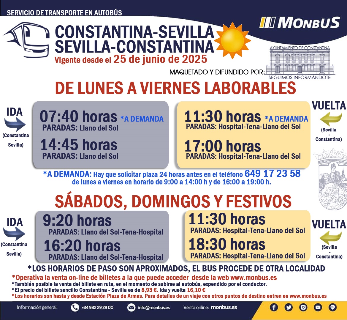 🚌⏰🌞 HORARIOS DE VERANO #AUTOBUSES CONSTANTINA-SEVILLA VIGENTES A PARTIR DEL MIÉRCOLES 25/06/2025
Maquetados por el Ayuntamiento de #Constantina, facilitados y revisados por <a href="/monbusinfo/">Monbus</a>, empresa adjudicataria del servicio.
Es un mensaje del Ayuntamiento de Constantina