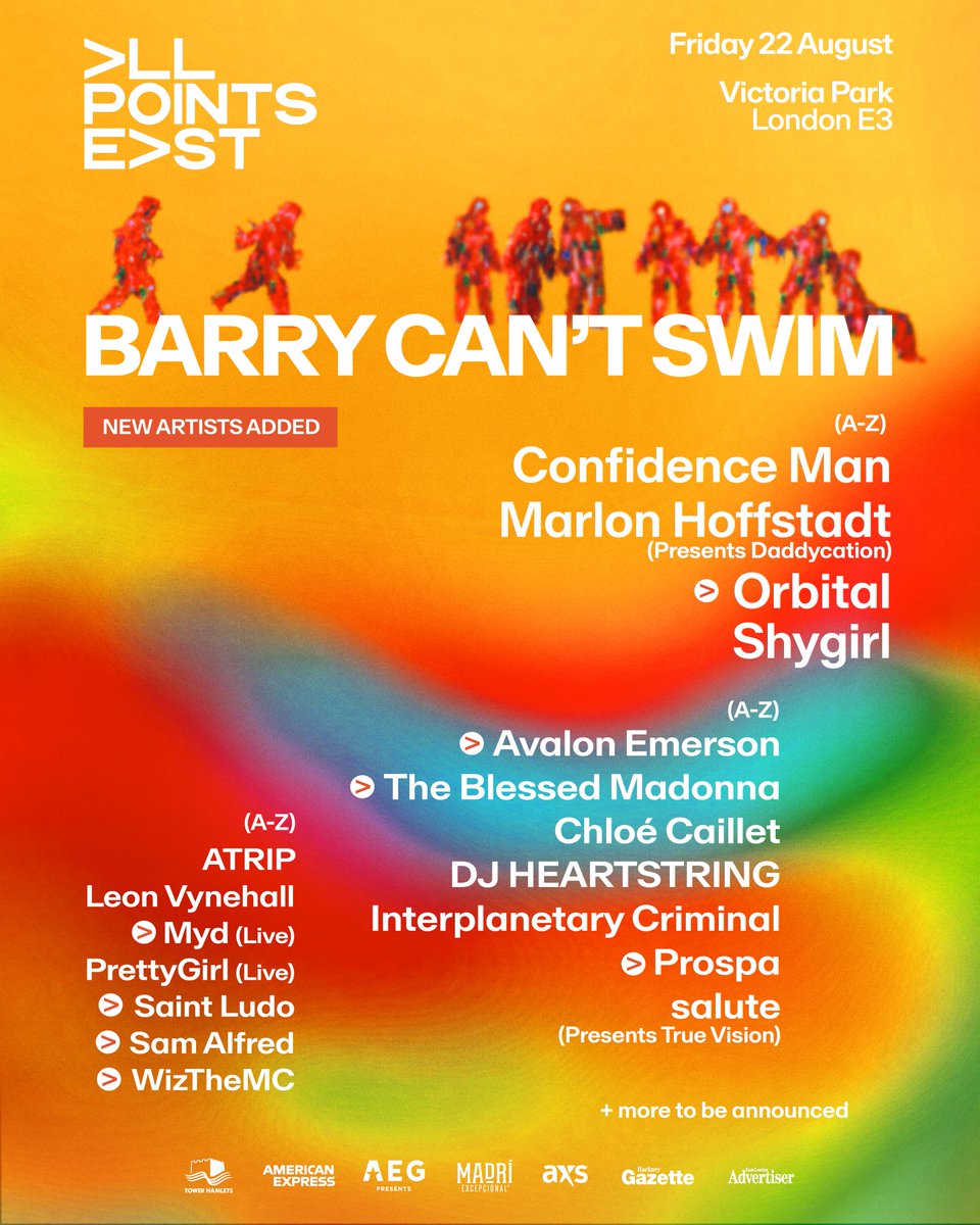 All Points East (@allpointseastuk) on Twitter photo NEW ARTISTS HAVE JOINED THE PARTY 🕺
<a href="/orbitalband/">Orbital</a>, <a href="/avalon_emerson/">Avalon Emerson</a>, The Blessed Madonna, <a href="/Prospauk/">Prospa</a>, <a href="/MydSound/">Myd</a>, Saint Ludo, Sam Alfred and <a href="/wiztheemcee/">WizTheMc</a> are joining <a href="/BarryCantSwim/">Barry Can't Swim</a>, <a href="/confidencemanTM/">Confidence Man</a>, <a href="/MarlonHoffstadt/">Marlon Hoffstadt * DJ Daddy Trance</a>, Shygirl and many more!
Book your tickets now at NEW ARTISTS HAVE JOINED THE PARTY 🕺
<a href="/orbitalband/">Orbital</a>, <a href="/avalon_emerson/">Avalon Emerson</a>, The Blessed Madonna, <a href="/Prospauk/">Prospa</a>, <a href="/MydSound/">Myd</a>, Saint Ludo, Sam Alfred and <a href="/wiztheemcee/">WizTheMc</a> are joining <a href="/BarryCantSwim/">Barry Can't Swim</a>, <a href="/confidencemanTM/">Confidence Man</a>, <a href="/MarlonHoffstadt/">Marlon Hoffstadt * DJ Daddy Trance</a>, Shygirl and many more!
Book your tickets now at