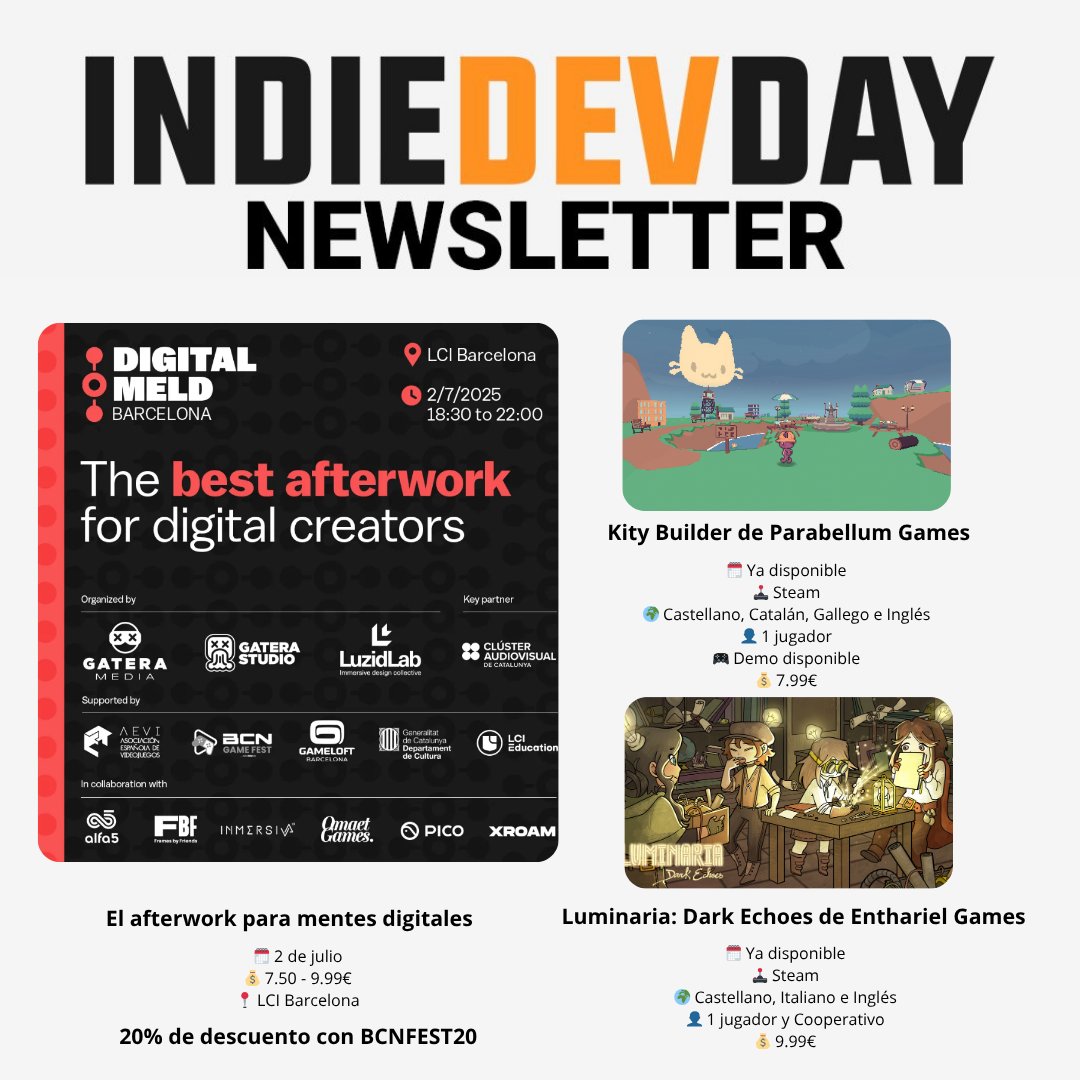 IndieDevDay (@indiedevday) on Twitter photo 📰 Newsletter 66 📰
1️⃣ Digital Meld Barcelona 🚀 <a href="/gaterastudio/">ANTRO GAME 🎶 | Available NOW on PC, PS5 & XBOX🤘</a> & <a href="/LuzidLab/">LuzidLab</a>
2️⃣ <a href="/KityBuilder/">Kity Builder ✨OUT NOW✨</a> 🎮😻
3️⃣ <a href="/LuminariaEchoes/">Luminaria: Dark Echoes || AVAILABLE NOW</a> de <a href="/EntharielGames/">Enthariel Games 💛Animal Strikers Available Now</a> 🎮💡
Suscríbete en 🔗 eepurl.com/dJJ8u2 📰 Newsletter 66 📰
1️⃣ Digital Meld Barcelona 🚀 <a href="/gaterastudio/">ANTRO GAME 🎶 | Available NOW on PC, PS5 & XBOX🤘</a> & <a href="/LuzidLab/">LuzidLab</a>
2️⃣ <a href="/KityBuilder/">Kity Builder ✨OUT NOW✨</a> 🎮😻
3️⃣ <a href="/LuminariaEchoes/">Luminaria: Dark Echoes || AVAILABLE NOW</a> de <a href="/EntharielGames/">Enthariel Games 💛Animal Strikers Available Now</a> 🎮💡
Suscríbete en 🔗 eepurl.com/dJJ8u2