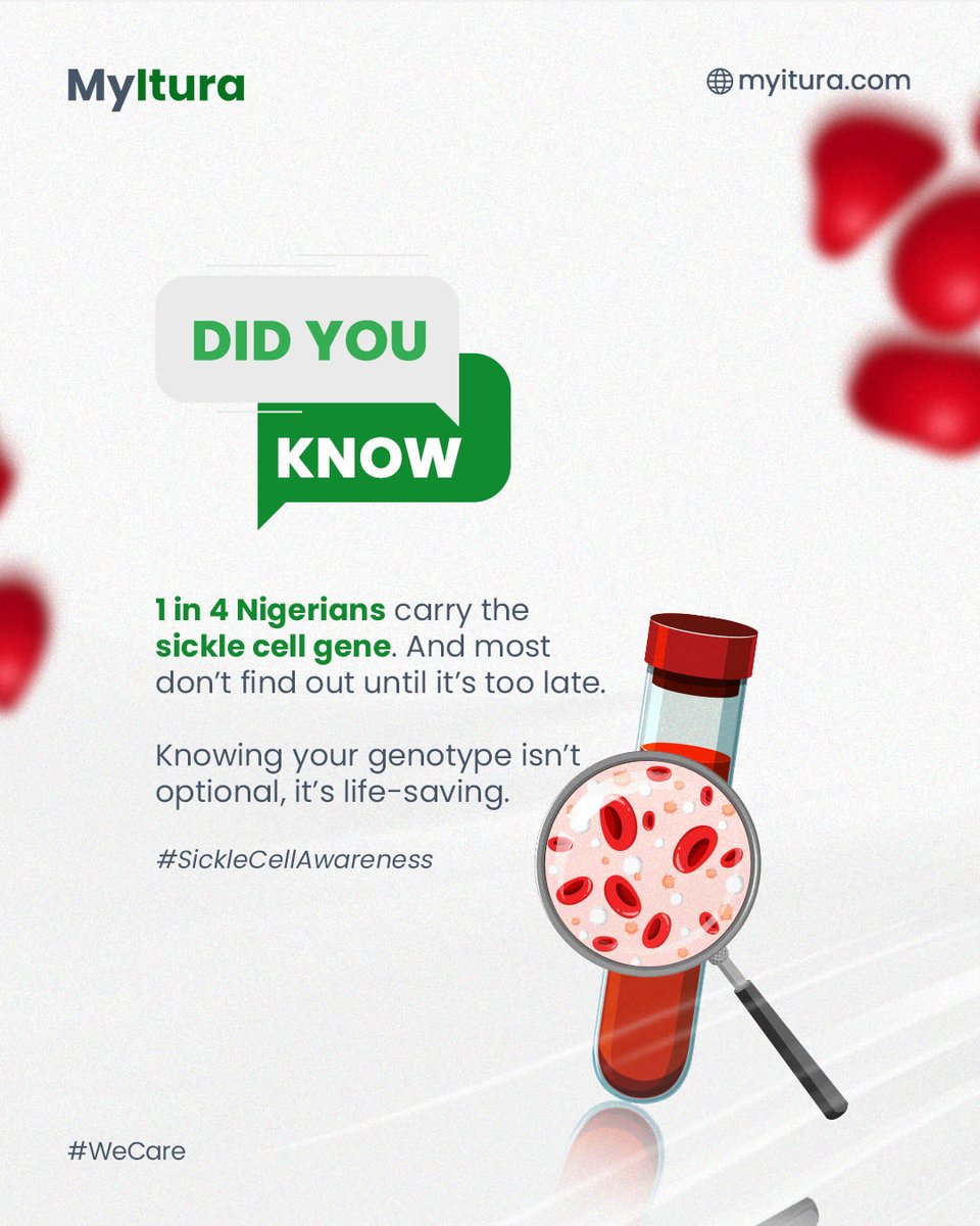 Genotype testing is essential!
Just before you say "I do" be aware of your genotype.

With MyItura, you can get tested from the comfort of your home.
Visit myitura.com or download the app to book a test today.

#WeCare #SickleCellDay