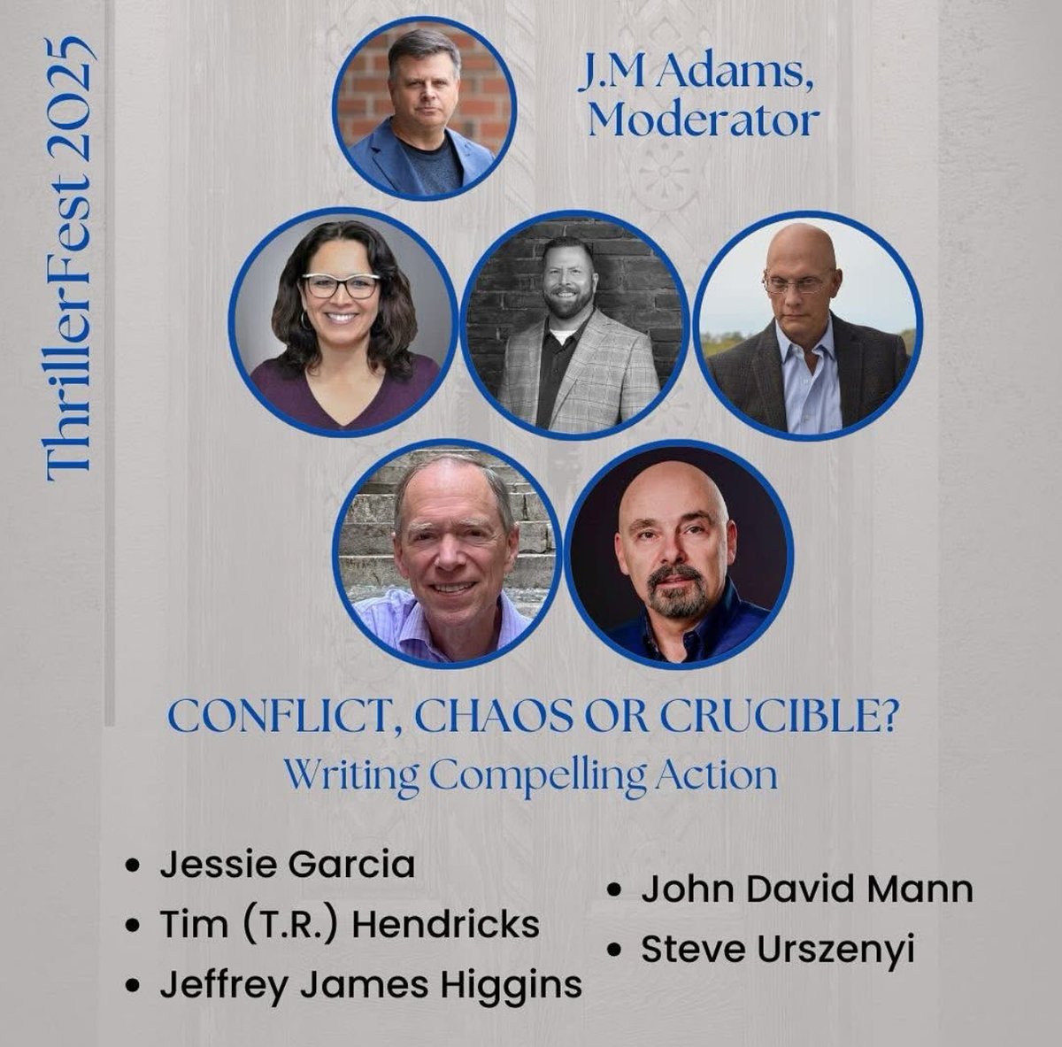 Tomorrow at #ThrillerFest

Join us at 12:40 in the REGENT for
writing:  Conflict, Chaos or Cruclible?
#thrillerfest2025 #writerslift #author #AuthorSupport