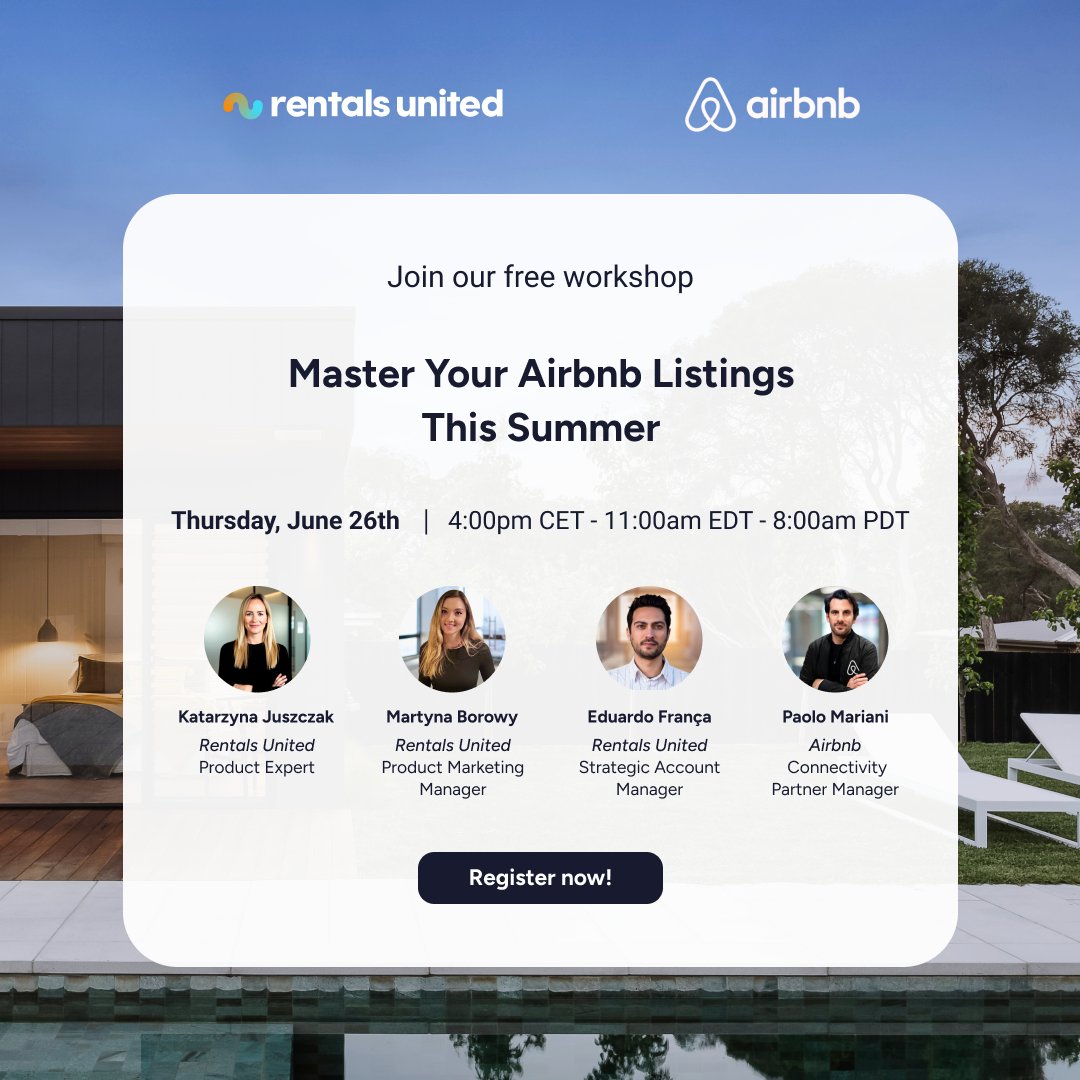 Join Airbnb + Rentals United for a free, expert-led virtual workshop that breaks down everything you need to know to stay competitive and boost bookings this summer. ☀️🏡

🎟️ Free to attend – register here: tinyurl.com/3kuekk7b