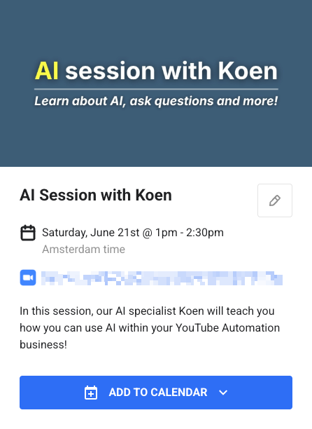 If you're running a YouTube Automation channel and not using AI, you're already behind.

In 2 days we're doing a live AI session inside our free Skool community where <a href="/koenYTA/">Koen YTA📈</a> will show you EXACTLY how to use AI in your YouTube Automation business.

You'll learn everything + get