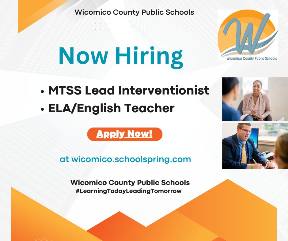 WE'RE HIRING! Join our team in one of these exciting positions with Wicomico Schools:

MTSS Lead Interventionist
 wicomico.schoolspring.com/?jobid=5233877

Secondary ELA/English Teacher 
wicomico.schoolspring.com

#WicomicoPublicSchools
#LearningTodayLeadingTomorrow