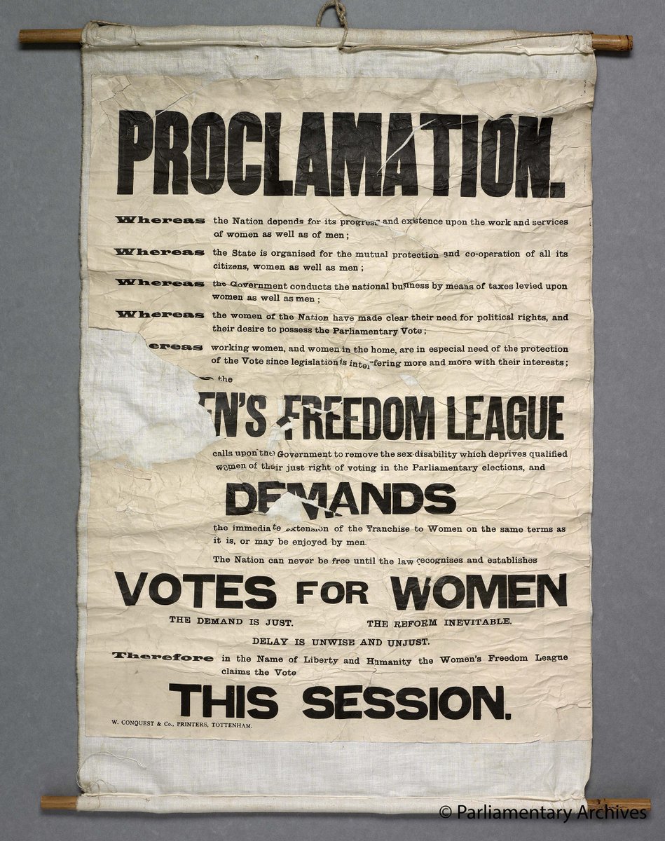 Parliament Archives (@ukparlarchives) on Twitter photo This Women's Freedom League banner was unfurled from the Ladies Gallery of the House of Commons Chamber in October 1908  during a protest for women’s suffrage.
Find out more about this record's history and the protest on our blog ow.ly/VxOg50W79ln This Women's Freedom League banner was unfurled from the Ladies Gallery of the House of Commons Chamber in October 1908  during a protest for women’s suffrage.
Find out more about this record's history and the protest on our blog ow.ly/VxOg50W79ln