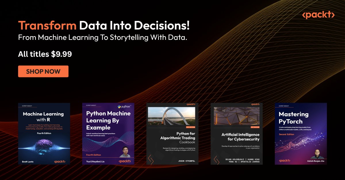 Packt Data Science & Machine Learning (@packtdataml) on Twitter photo Tired of theory without code? These data science books bring real execution—just $9.99 each.
Full bundle → packt.link/3pbvb
Bestselling Data eBooks Now $9.99 → packt.link/HFwFg
#PracticalML #MLOps #PyTorch #AI #Python Tired of theory without code? These data science books bring real execution—just $9.99 each.
Full bundle → packt.link/3pbvb
Bestselling Data eBooks Now $9.99 → packt.link/HFwFg
#PracticalML #MLOps #PyTorch #AI #Python