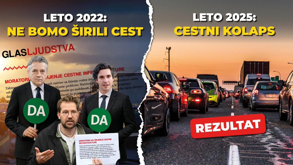 🛑 Leto 2022: Moratorij na širjenje cest
‼️Krivci za zastoje: Levica, Gibanje Svoboda, Vesna, DeSUS 
📣 Obljubljali so boljšo mobilnost. Danes živimo v prometnem kolapsu.

🚗 Leto 2025: Rezultat? Kolone, zastoji, izgubljene ure.
Prometni zlom je posledica odločitev, kjer je bila