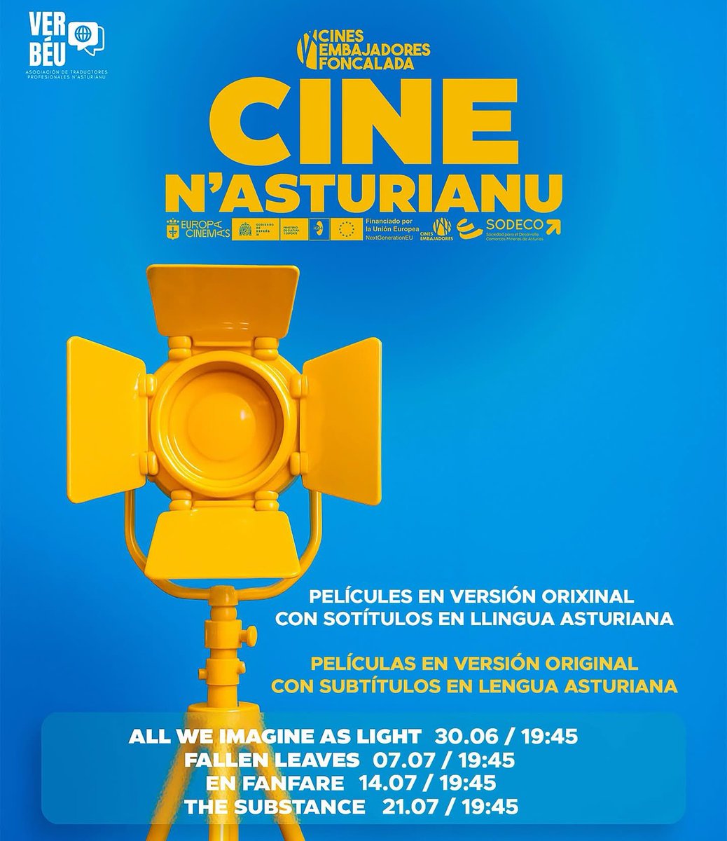 🎞️ N’#asturianu ta de cine 

🎬 Prestosa propuesta de <a href="/Verbeu_trad/">Verbéu</a> pa disfrutar de películes en versión orixinal con sotítulos en llingua asturiana 

📍Proyecciones nel centru d’#Uviéu nos <a href="/CinesFoncalada/">Cines Embajadores Foncalada</a> 

📲 Captura’l cartelu pa reservar les feches pa les cuatro llargumetraxes