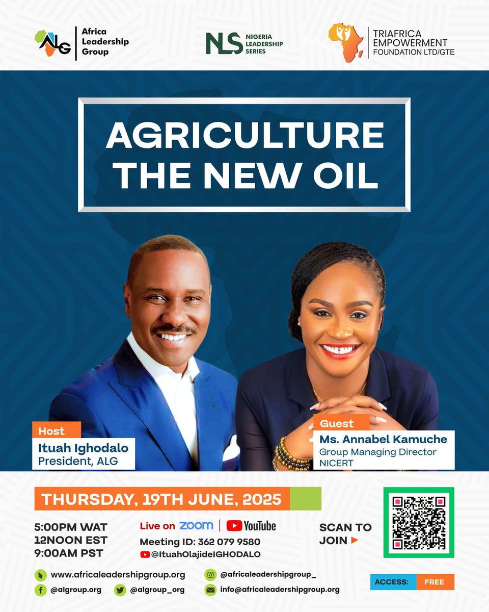 algroup_org's tweet photo. Topic: Agriculture the new Oil

Date: Thursday June 19th 2025

Time: 5pm WAT 12:00pm EST 9:00AM PST

Join Zoom Meeting https://t.co/amYnB6jUAP  

Meeting ID: 362 079 9580 https://t.co/qyTFJUEA5c