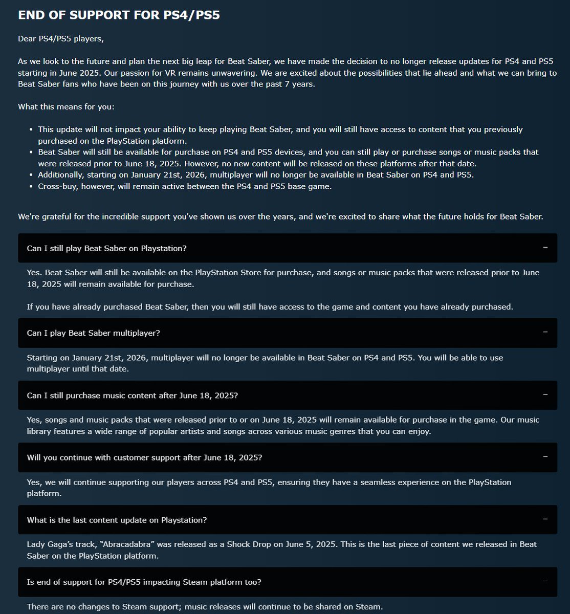 fennelyguy's tweet image. Starting in June 2025, Beat Saber is ending support for PS4 / PS5 (PSVR / PSVR2)

There will be no new content after June 2025. Multiplayer will shutdown on January 21st, 2026

The game can still be bought after the support ends

#PSVR #PSVR2 #PS4 #PS5 #BeatSaber