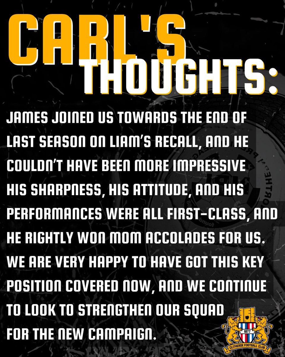 🥅 Staying Between The Sticks 

🧤James McClenaghan is here as your pair of safe hands for the 25/26 season. 

The sweeper-keeper stormed into the team at the back end of last season, and we're delighted he has committed to Clitheroe FC 

🤝 Welcome back, James 

#ForwardTogether