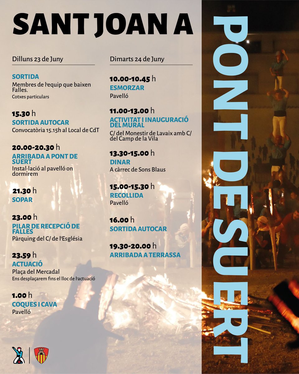 Aquest dilluns revetlla de Sant Joan a Pont de Suert🧨🔥

A part de fer castells participarem en moltes mes activitats com cercavila, baixada de falles, concert de Sonsblaus i la commemoració de deu anys de germanor entre falles i castells!

#castells #terrassa #lanostraraódeser