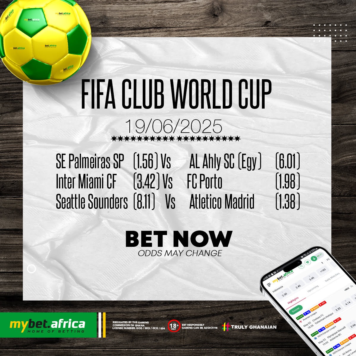 ⚽🌍 FIFA CLUB WORLD CUP 
The excitement continues! 💥
Can underdogs shock the giants or will the favourites dominate?

🔥 SE Palmeiras SP 🆚 Al Ahly SC
🔥 Inter Miami CF 🆚 FC Porto
🔥 Seattle Sounders 🆚 Atletico Madrid

💸 Don’t just watch — BET NOW and cash in on the action