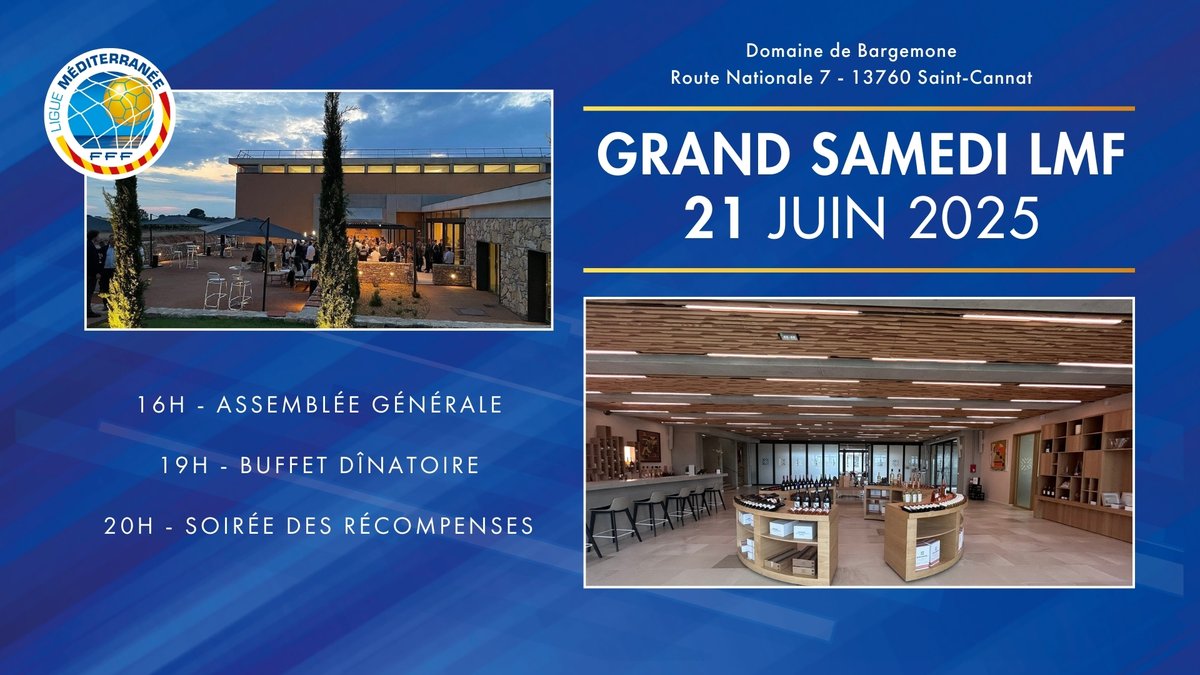 [LIGUE] ℹ️ L'Assemblée Générale d'été et la Soirée des Récompenses <a href="/lmedfoot/">Ligue Méditerranée</a> (Bénévoles du Mois, Clubs champions, Challenge de la Sportivité) sont programmées :

📅 Samedi 21 juin au Domaine <a href="/Bargemone/">La Bargemone</a> à Saint-Cannat (13)

Accréditation presse : communication@mediterranee.fff.fr