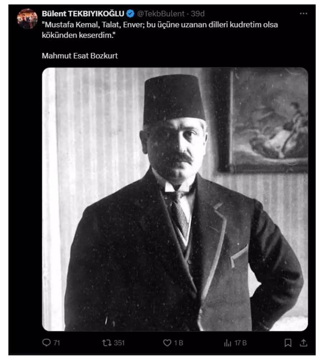 Sayın <a href="/TekbBulent/">Bülent TEKBIYIKOĞLU</a>  dillerin dert görmesin.Aklını kiraya verenlerin hem aklına hem gözüne.. ne güzel hitap etmişsin…Mahmut Esat Bozkurt  un sözünün paylamışınızı defalarca alkışlıyorum.Urfamızdan selamlar