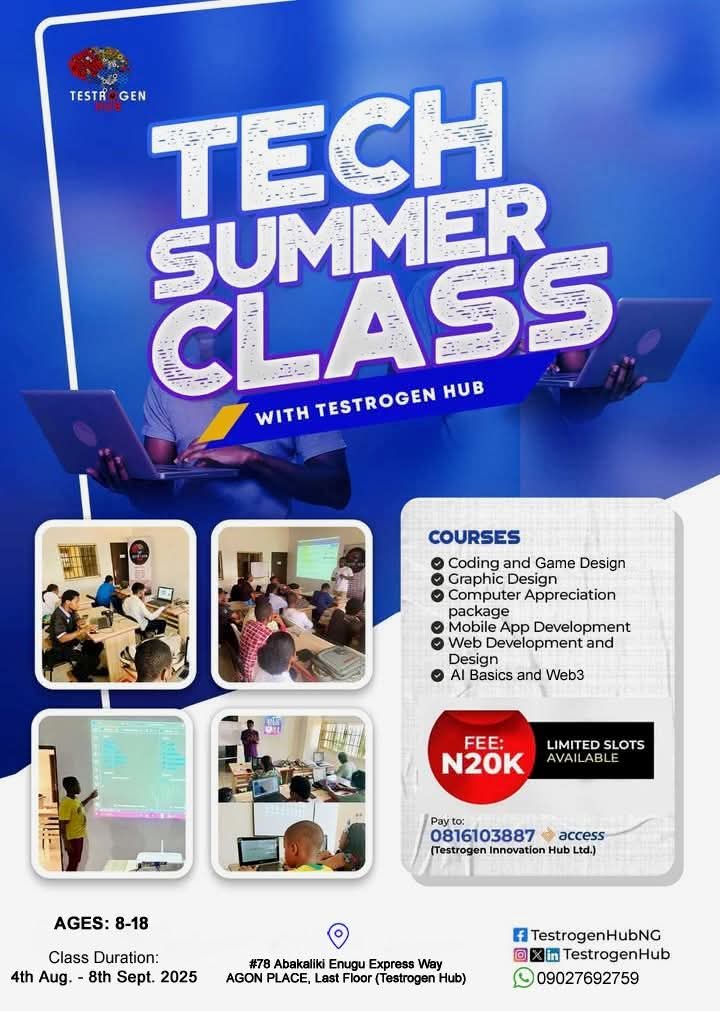Laz Ude Eze (@donlaz4u) on Twitter photo 🚀 Join Our Tech Summer Class – Where Young Minds Build the Future! 💻✨
Ready to turn screen time into skill time? Our Tech Summer Class is the perfect opportunity for kids and teens to explore the exciting world of technology in a fun, hands-on way!
By <a href="/TestrogenHub/">Testrogen Hub Abakaliki</a> 🚀 Join Our Tech Summer Class – Where Young Minds Build the Future! 💻✨
Ready to turn screen time into skill time? Our Tech Summer Class is the perfect opportunity for kids and teens to explore the exciting world of technology in a fun, hands-on way!
By <a href="/TestrogenHub/">Testrogen Hub Abakaliki</a>