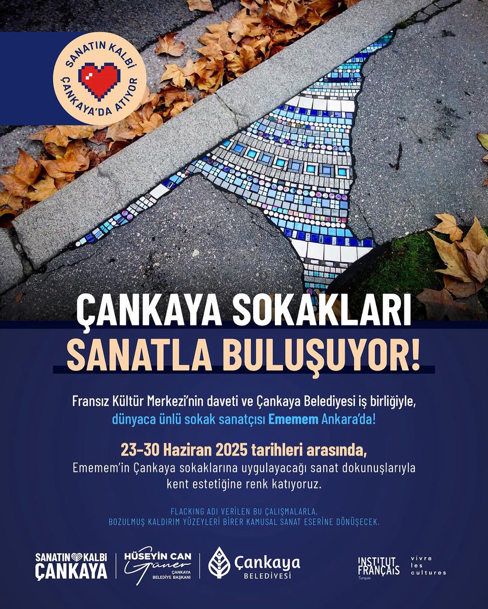 Sanatla parla Çankaya. ✨

Dünyaca ünlü Fransız sokak sanatçısı EMEMEM, 23-30 Haziran tarihlerinde; Tunus Caddesi ve Kuğulu Park arasında beş farklı noktada sanat dokunuşlarıyla komşularımızla buluşacak.

Sürprizlere hazır olun. 🎨