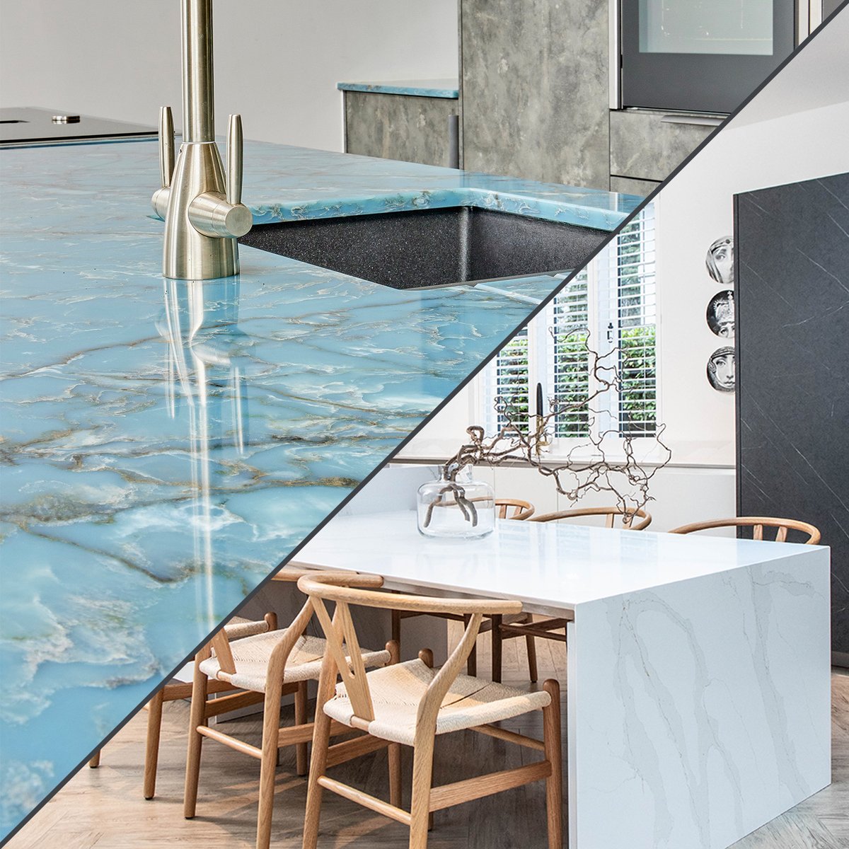 Quartz is not only incredibly durable and low-maintenance, but it also comes in a wide range of stunning colours and patterns. One of the key decisions in the selection process? Choosing between bold or neutral colours.

Pictured: CRL Quartz Cristallo Azure &amp; Calacatta Dorado