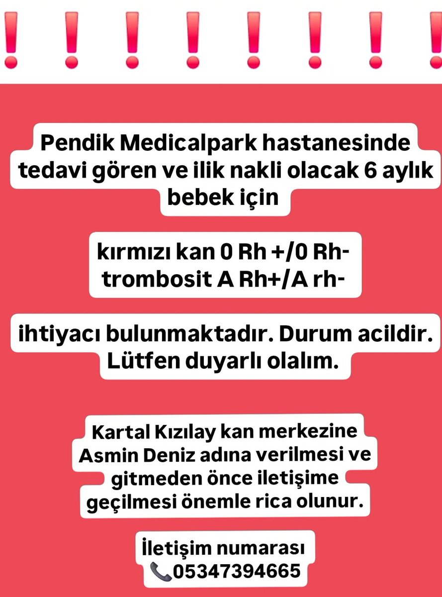 🔴Çok Acil Kana İhtiyaç Var 🔴
Lütfen elden ele paylaşır mısınız çok acil
RT lütfen

6 aylık bir bebeğin  cok acil kana ihtiyacı var bugun ilik nakli olacak
Via <a href="/aaycadaglii/">ayça</a>